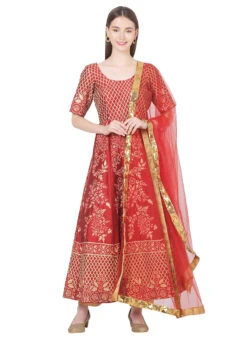 Red Raw Silk Embroidery Anarkali Suit Party Wear -C Bazaar Shop red raw silk embroidery anarkali suit slkifh9900544 u