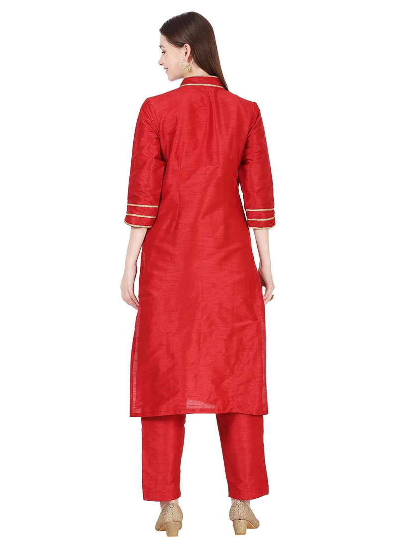 Red Raw Silk Kurta Straight Pant Set Party Wear 4 Red Raw Silk Kurta Straight Pant Set Party Wear - Image 4