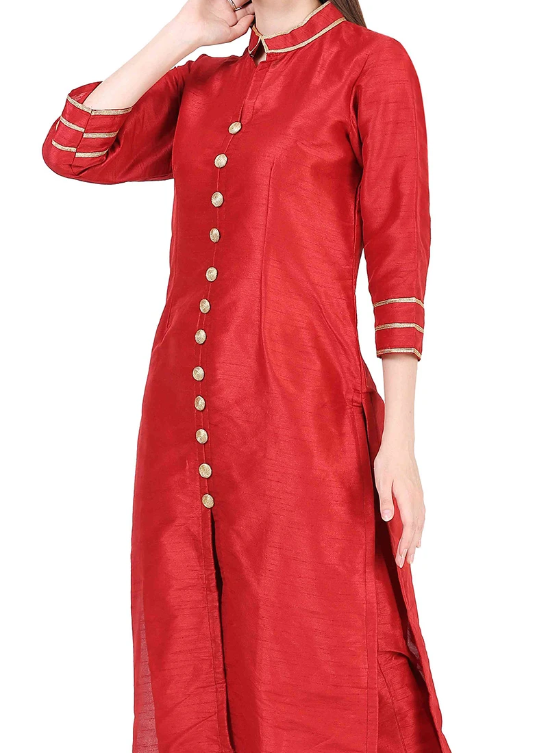 Red Raw Silk Kurta Straight Pant Set Party Wear 1 Red Raw Silk Kurta Straight Pant Set Party Wear