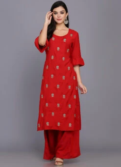 Red Rayon Kurta Palazzo Set Party Wear -C Bazaar Shop red rayon kurta palazzo set krskifh990066 u