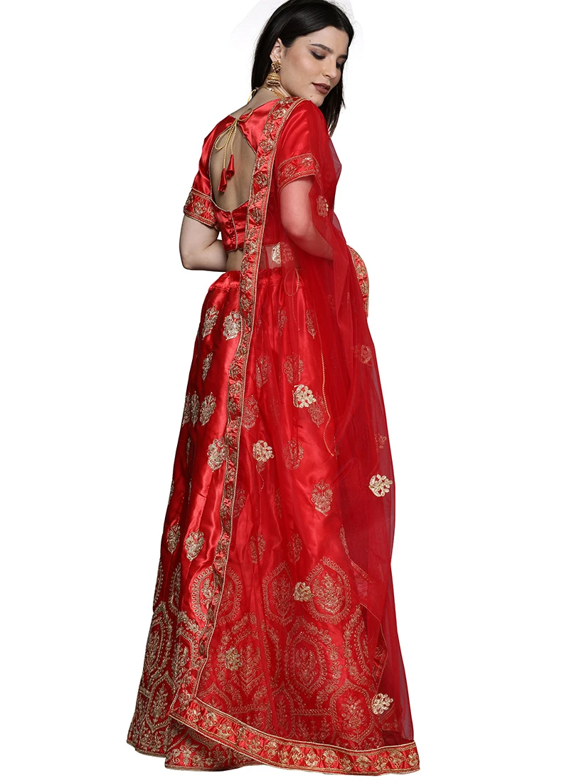Red Satin Silk Zari Embroidered A Line Lehenga Festive Wear 4 Red Satin Silk Zari Embroidered A Line Lehenga Festive Wear - Image 4
