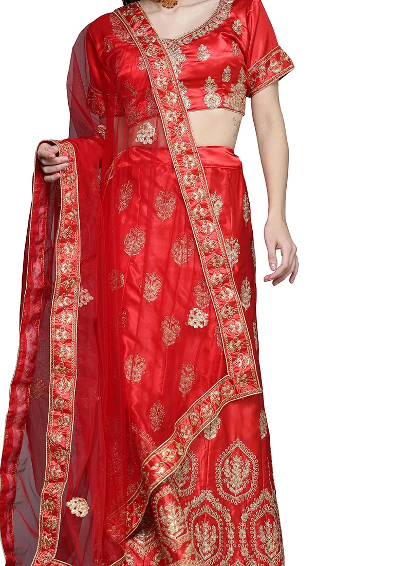 Red Satin Silk Zari Embroidered A Line Lehenga Festive Wear 1 Red Satin Silk Zari Embroidered A Line Lehenga Festive Wear