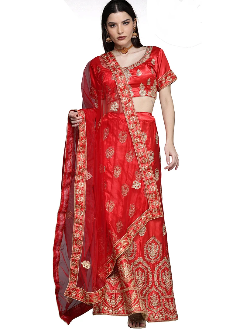 Red Satin Silk Zari Embroidered A Line Lehenga Festive Wear 3 Red Satin Silk Zari Embroidered A Line Lehenga Festive Wear - Image 3