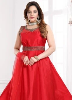Red Taffeta Anarkali Suit Party Wear -C Bazaar Shop red taffeta anarkali suit slmnf481r b