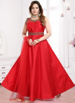 Red Taffeta Anarkali Suit Party Wear -C Bazaar Shop red taffeta anarkali suit slmnf481r u