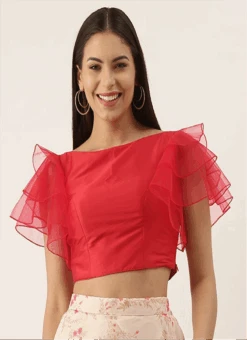 Red Taffeta Ruffled Sleeve Blouse After Six Wear -C Bazaar Shop red taffeta ruffled sleeve blouse BLBS02305278 u