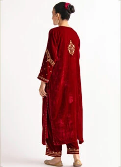 Red Velvet Embroidered Straight Pant Suit Party Wear -C Bazaar Shop red velvet embroidered straight pant suit krdvc28 b