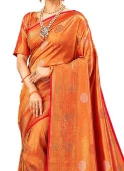 Redish Orange Benarasi Silk Brocade Saree Festive Wear
