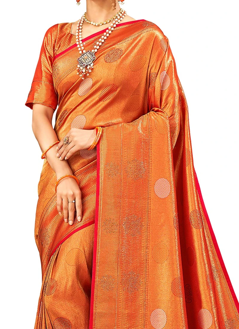 Redish Orange Benarasi Silk Brocade Saree Festive Wear 1 Redish Orange Benarasi Silk Brocade Saree Festive Wear