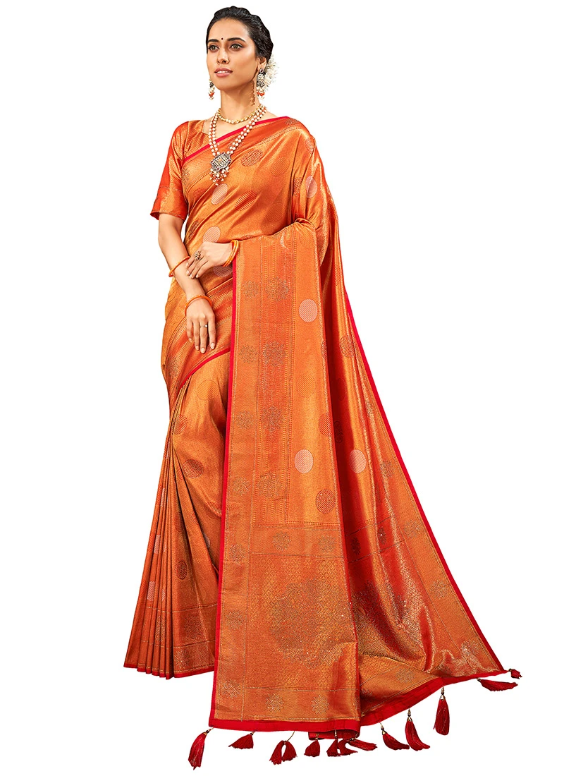 Redish Orange Benarasi Silk Brocade Saree Festive Wear 3 Redish Orange Benarasi Silk Brocade Saree Festive Wear - Image 3