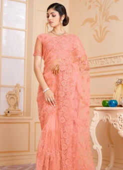 Resham Embroidery With Moti And Stone Work Peach Color Net Saree Party Wear -C Bazaar Shop resham embroidery with moti and stone work peach color net saree sasunl1565 b