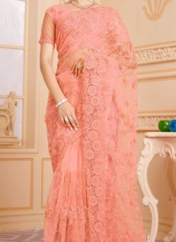 Resham Embroidery With Moti And Stone Work Peach Color Net Saree Party Wear