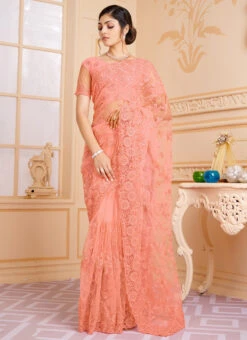Resham Embroidery With Moti And Stone Work Peach Color Net Saree Party Wear -C Bazaar Shop resham embroidery with moti and stone work peach color net saree sasunl1565 u