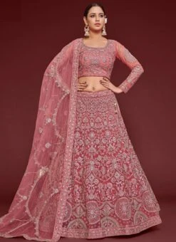 Rose Gold Net Embroidered Work Umbrella Lehenga Choli Party Wear -C Bazaar Shop rose gold net embroidered work umbrella lehenga choli ghska46097905 u