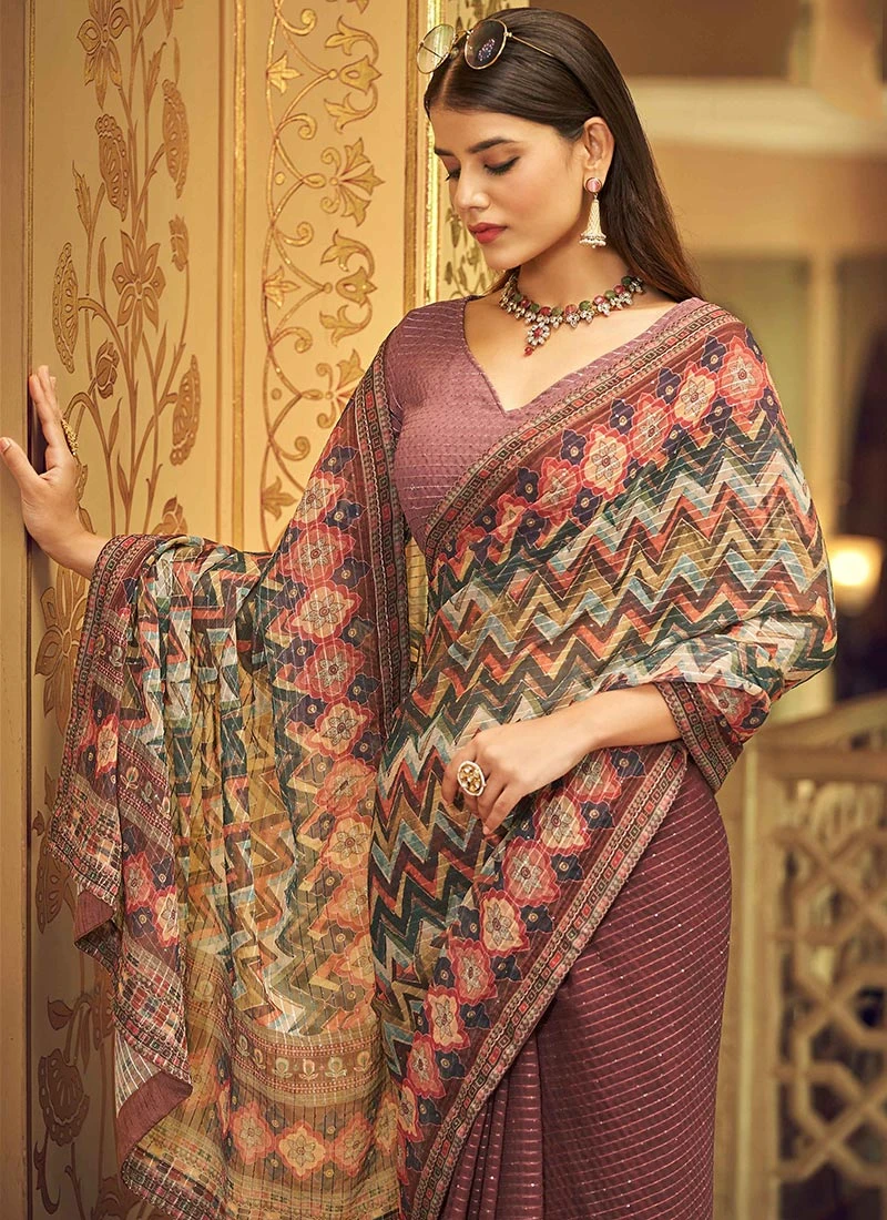 Rose Gold Pink Georgette Printed Work Half N Half Saree Party Wear 4 Rose Gold Pink Georgette Printed Work Half N Half Saree Party Wear - Image 4