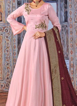 Rose Pink Art Silk Embroidered Anarkali Suit Party Wear