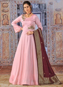 Rose Pink Art Silk Embroidered Anarkali Suit Party Wear -C Bazaar Shop rose pink art silk embroidered anarkali suit slsdc3002 u