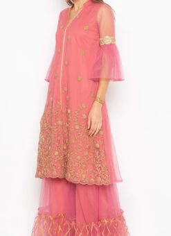 Rose Pink Net Embroidered Kurta Sharara Set After Six Wear