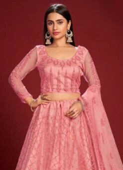 Rose Pink Net Embroidered N Stones Umbrella Lehenga Party Wear -C Bazaar Shop rose pink net embroidered n stones umbrella lehenga ghswe1347 b