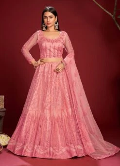 Rose Pink Net Embroidered N Stones Umbrella Lehenga Party Wear -C Bazaar Shop rose pink net embroidered n stones umbrella lehenga ghswe1347 u