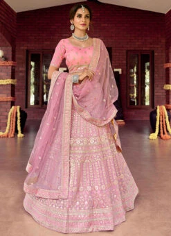 Rose Pink Organza Embroidered N Sequins Umbrella Lehenga Wedding Wear -C Bazaar Shop rose pink organza embroidered n sequins umbrella lehenga ghsak42097103 u