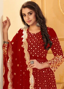 Rose Red Georgette Mirror Embroidered Anarkali Suit Party Wear -C Bazaar Shop rose red georgette mirror embroidered anarkali suit slsaj31381117 b