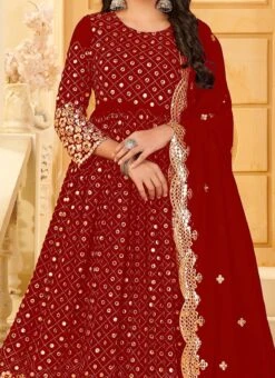 Rose Red Georgette Mirror Embroidered Anarkali Suit Party Wear