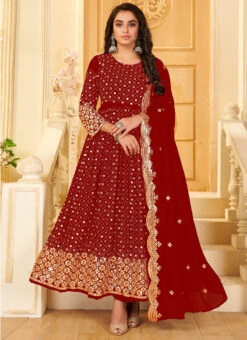 Rose Red Georgette Mirror Embroidered Anarkali Suit Party Wear -C Bazaar Shop rose red georgette mirror embroidered anarkali suit slsaj31381117 u