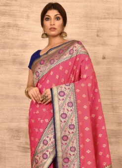 Rouge Pink Banarasi Katan Zari Weaving Saree Festive Wear -C Bazaar Shop rouge pink benarasi katan zari weaving saree savns671v b