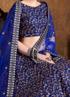 Royal Blue Benarasi Silk Embroidered And Sequins Work Umberalla Lehenga Party Wear