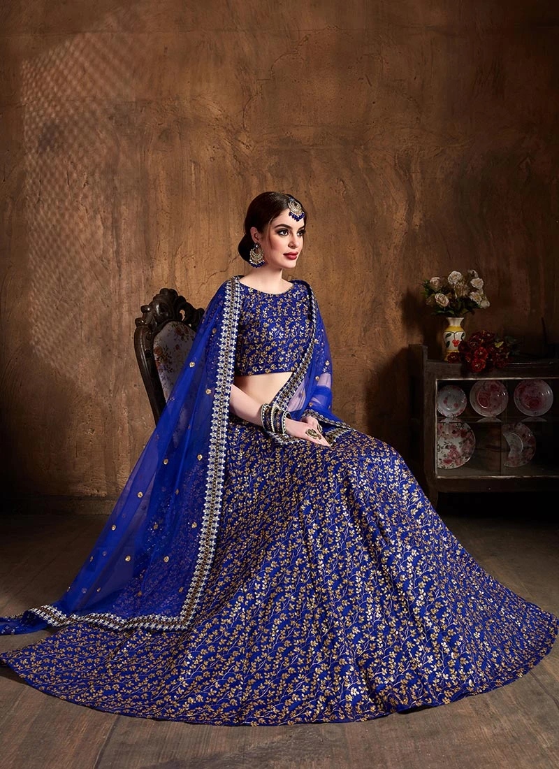 Royal Blue Benarasi Silk Embroidered And Sequins Work Umberalla Lehenga Party Wear 3 Royal Blue Benarasi Silk Embroidered And Sequins Work Umberalla Lehenga Party Wear - Image 3