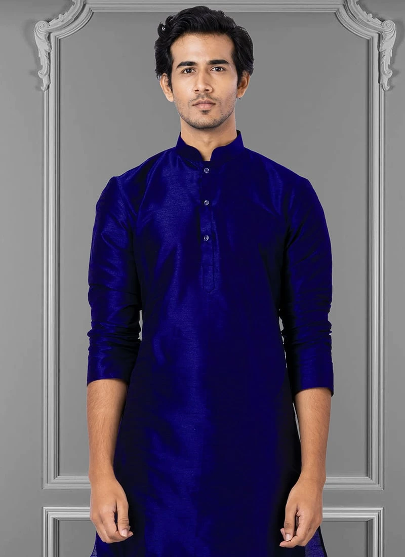 Royal Blue Dupion Silk Soild Plain Kurta Pyjama Party Wear 3 Royal Blue Dupion Silk Soild Plain Kurta Pyjama Party Wear - Image 3