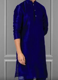 Royal Blue Dupion Silk Soild Plain Kurta Pyjama Party Wear