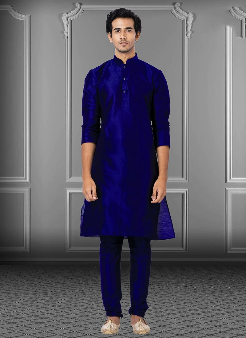Royal Blue Dupion Silk Soild Plain Kurta Pyjama Party Wear 2 Royal Blue Dupion Silk Soild Plain Kurta Pyjama Party Wear - Image 2