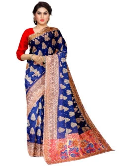 Royal Blue Kanjeevaram Silk Hand Embroidered Saree Festive Wear -C Bazaar Shop royal blue kanjeevaram silk hand embroidered saree sadsf4721 u