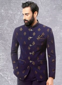 Royal Blue Terry Rayon Brocade Bandhgala Jacket -C Bazaar Shop royal blue terry rayon brocade bandhgala jacket jmkmdc3708nb b