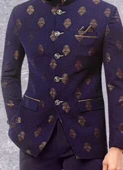 Royal Blue Terry Rayon Brocade Bandhgala Jacket