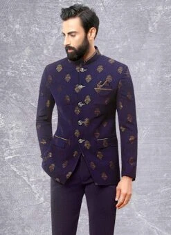 Royal Blue Terry Rayon Brocade Bandhgala Suit -C Bazaar Shop royal blue terry rayon brocade bandhgala suit sumdc3708 b