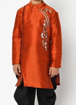 Rust Orange Dupion Silk Embroidered Kurta Pyjama Party Wear