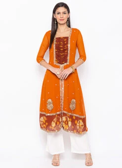 Rust Orange Georgette Embroidered Kurta Palazzo Set After Six Wear -C Bazaar Shop rust orange georgette embroidered kurta palazzo set krsmnc1916ks u
