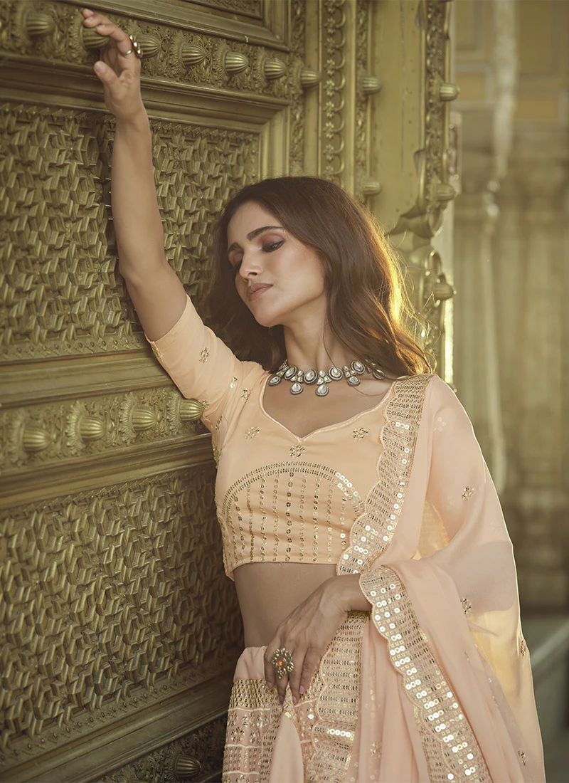 Salmon Peach Georgette Sequins Embroidery Umbrella Lehenga Wedding Wear 4 Salmon Peach Georgette Sequins Embroidery Umbrella Lehenga Wedding Wear - Image 4