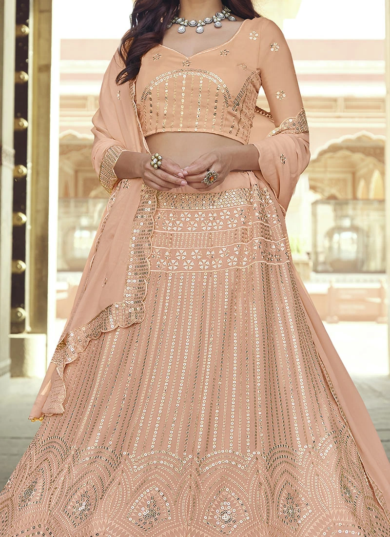 Salmon Peach Georgette Sequins Embroidery Umbrella Lehenga Wedding Wear 1 Salmon Peach Georgette Sequins Embroidery Umbrella Lehenga Wedding Wear