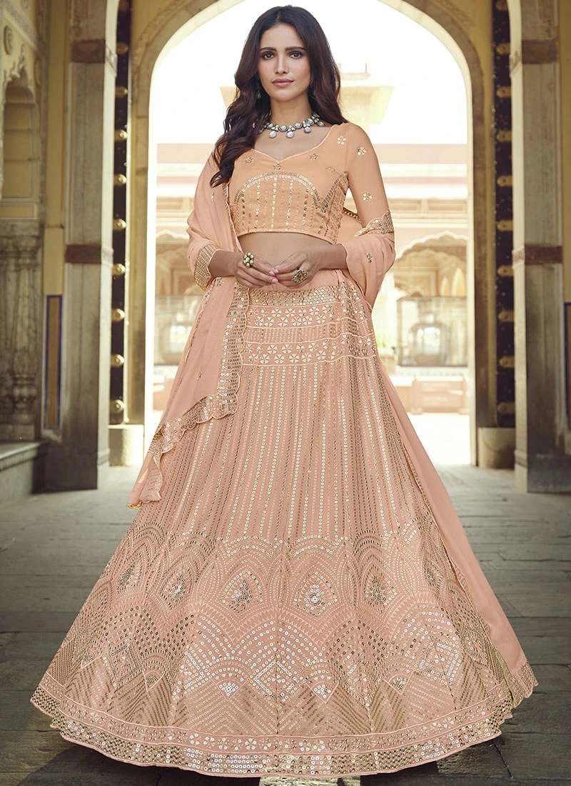 Salmon Peach Georgette Sequins Embroidery Umbrella Lehenga Wedding Wear 3 Salmon Peach Georgette Sequins Embroidery Umbrella Lehenga Wedding Wear - Image 3