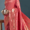 Satin Coral Red Color Woven Design Work Saree Festive Wear