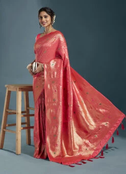 Satin Coral Red Color Woven Design Work Saree Festive Wear -C Bazaar Shop satin coral red color woven design work saree saspfmt5182c u