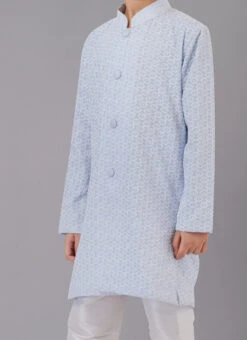 Sea Blue Cotton Silk Embroidery Kurta Pyjama Party Wear