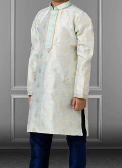 Sea Blue Linen Silk Boys Kurta Pyjama Party Wear
