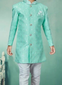 Sea Green Banarasi Silk Jacquard Indowestern Sherwani Party Wear
