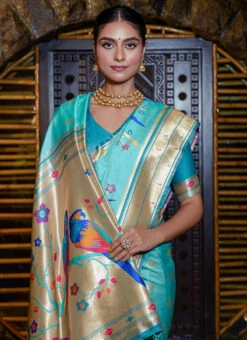 Sea Green Color Paithani Silk Saree With Meenakari Zari Woven Festive Wear -C Bazaar Shop sea green color paithani silk saree with meenakari zari woven sasvw347 b