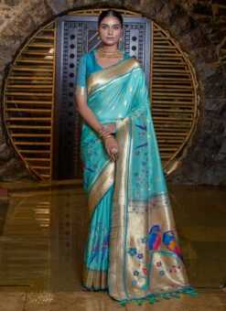 Sea Green Color Paithani Silk Saree With Meenakari Zari Woven Festive Wear -C Bazaar Shop sea green color paithani silk saree with meenakari zari woven sasvw347 u